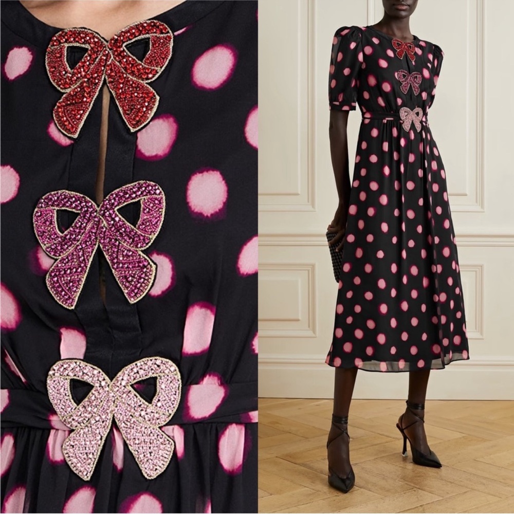SALONI Jamie Silk Pink Crystal Bow Polka Dot Midi Dress Size 8 Holiday Camille